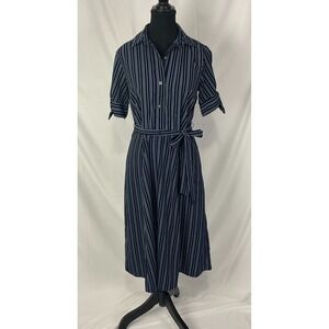 Enfocus Studio Navy Blue Striped Shirt Dress Tie Waist & Knot Sleeve - Size 6